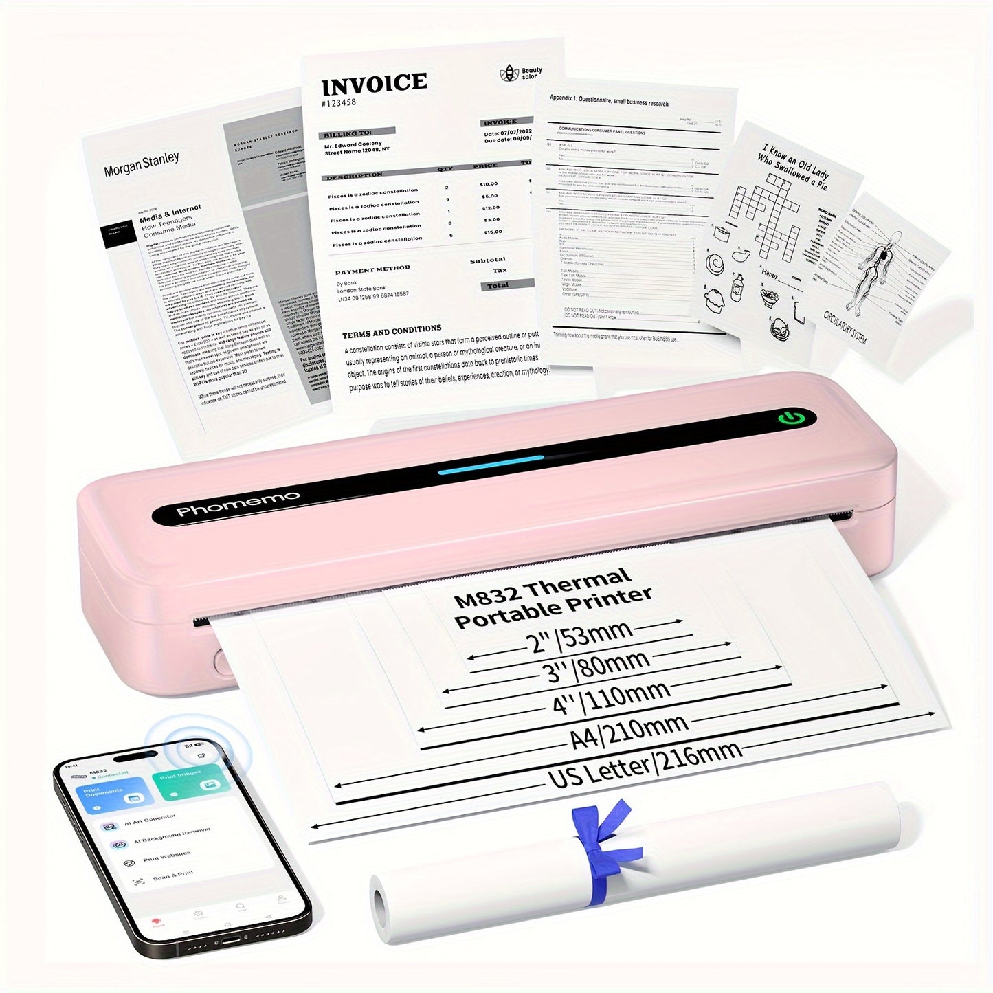 Phomemo Portable Thermal Printer Wireless Travel Mobile Compact Printer Support 8.5 X 11 US Letter & A4 Thermal Paper, 300DPI, Inkless Printer Compatible With Android And IOS Phone & Laptop