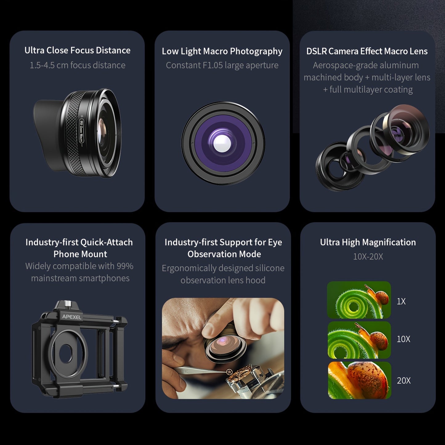 APEXEL Professional HD Macro Lens for Smartphones, 10-20X Zoom, Aluminum Alloy, Compatible with Most Smartphones, Portable Mobile Phone Photography Accessory, Ideal Gift for Macro Photography Enthusiasts