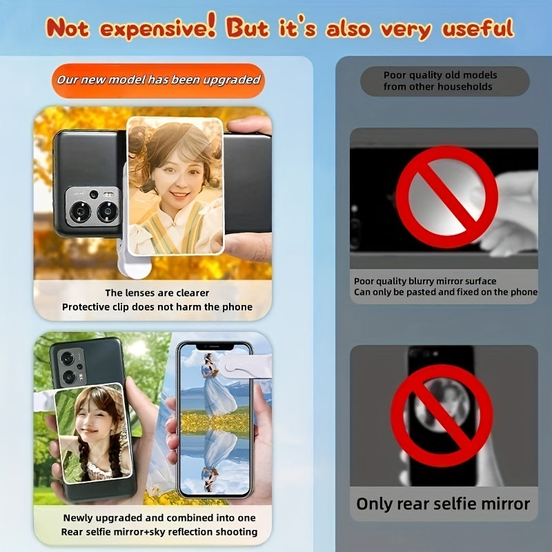 Portable Vlog Selfie Mirror - Multifunctional Rear View Selfie Mirror + Reflection Sky Realm 2-in-1 - Perfect Back View Photo, Glass Material, Easy to Carry and Use, Fixed on Phone'S Mirror, Perfect for Selfie Observatio