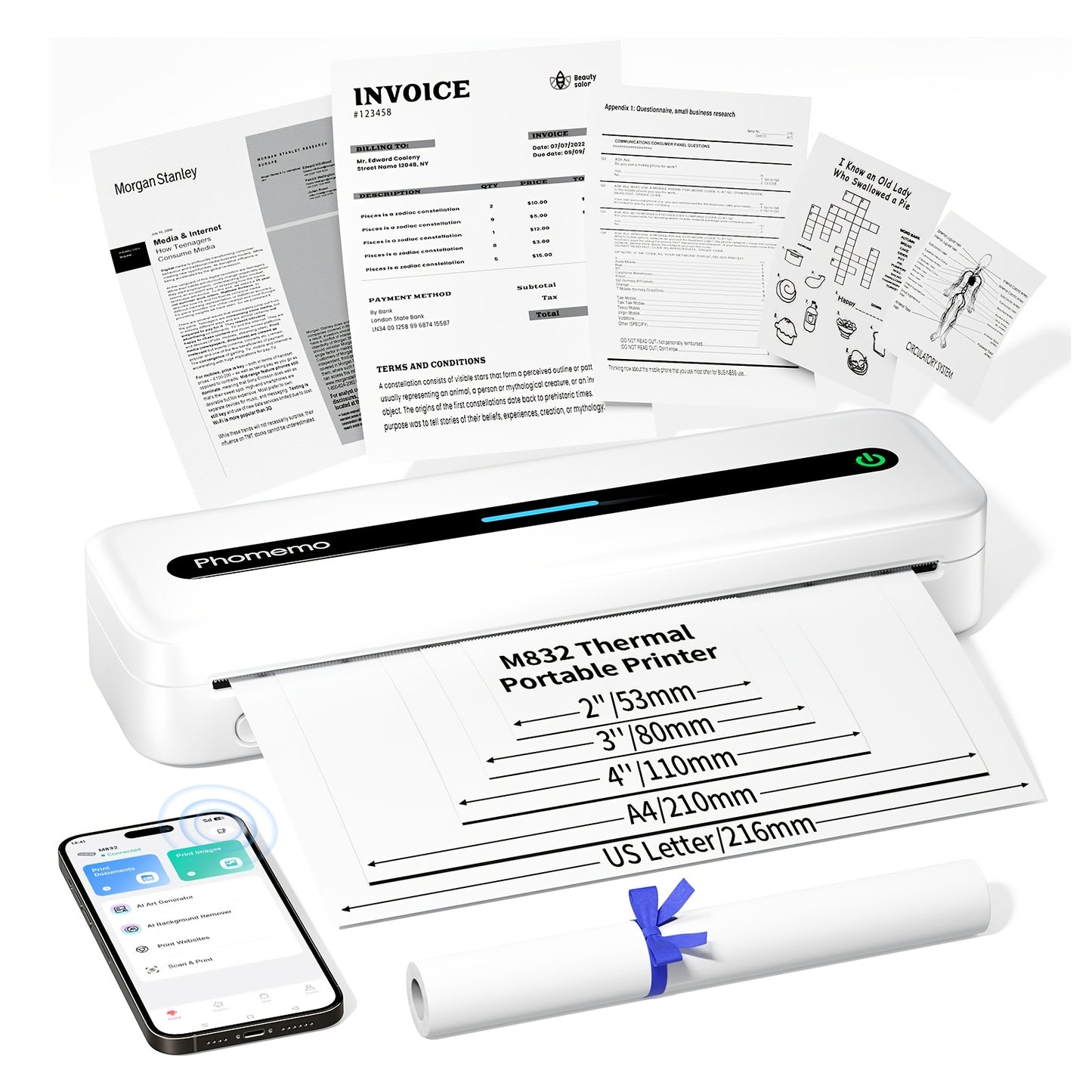 Phomemo Portable Thermal Printer Wireless Travel Mobile Compact Printer Support 8.5 X 11 US Letter & A4 Thermal Paper, 300DPI, Inkless Printer Compatible With Android And IOS Phone & Laptop