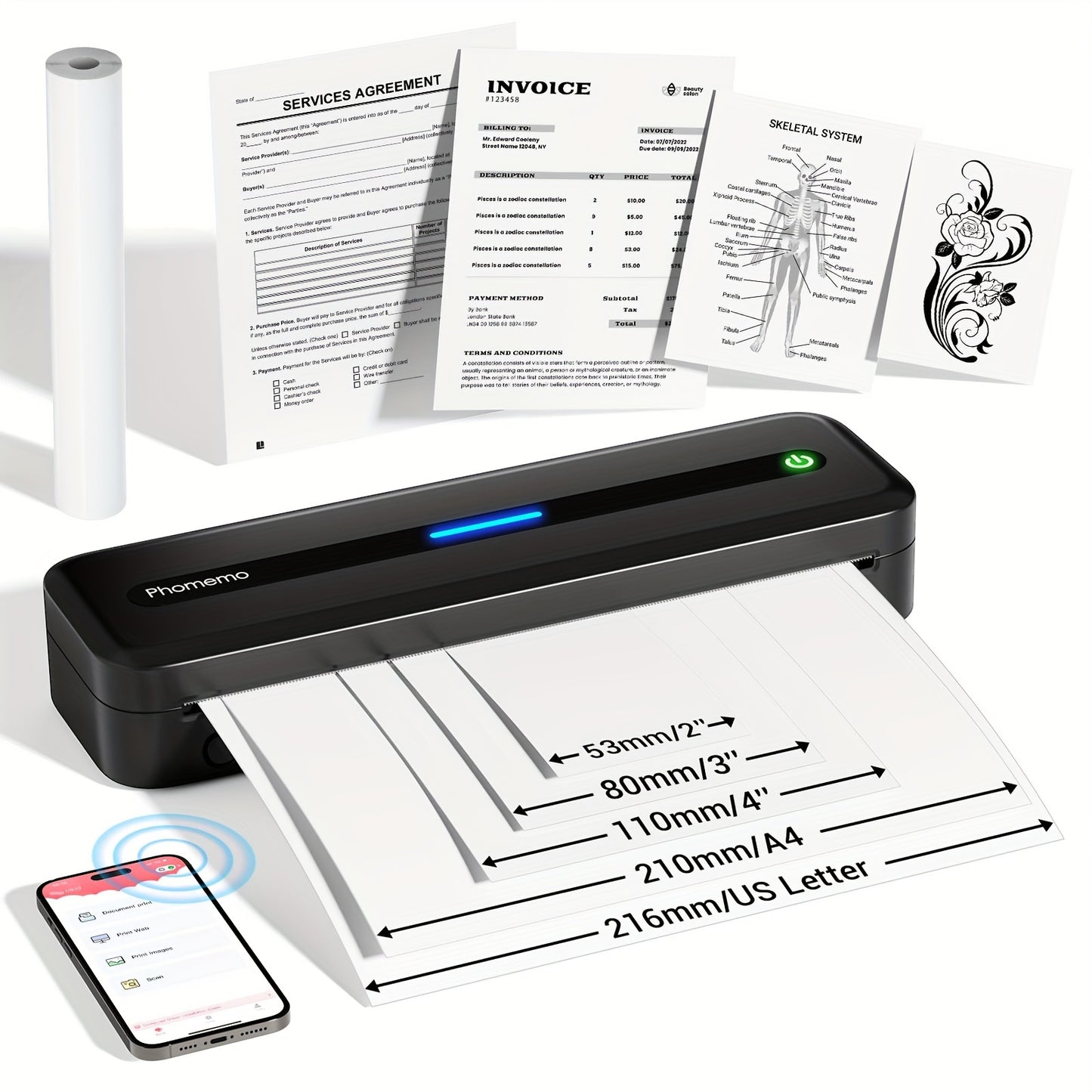 Phomemo Portable Thermal Printer Wireless Travel Mobile Compact Printer Support 8.5 X 11 US Letter & A4 Thermal Paper, 300DPI, Inkless Printer Compatible With Android And IOS Phone & Laptop
