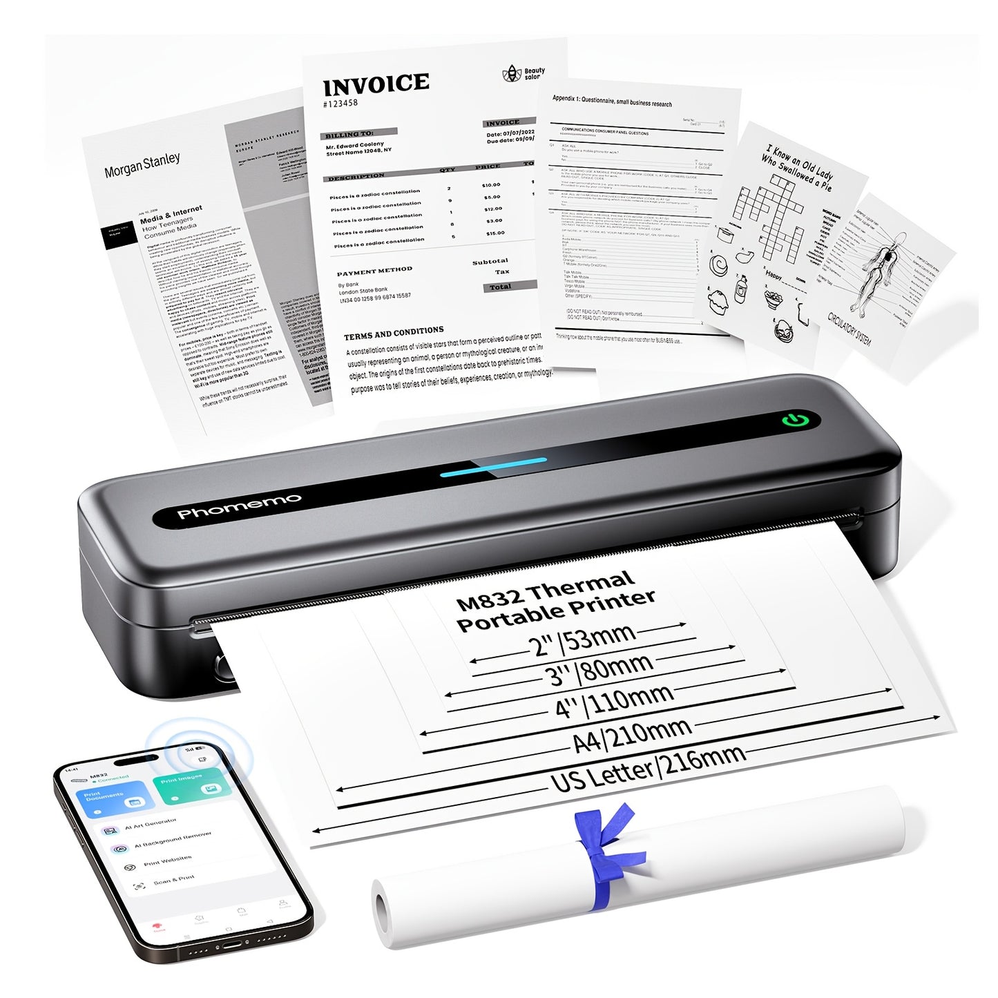 Phomemo Portable Thermal Printer Wireless Travel Mobile Compact Printer Support 8.5 X 11 US Letter & A4 Thermal Paper, 300DPI, Inkless Printer Compatible With Android And IOS Phone & Laptop