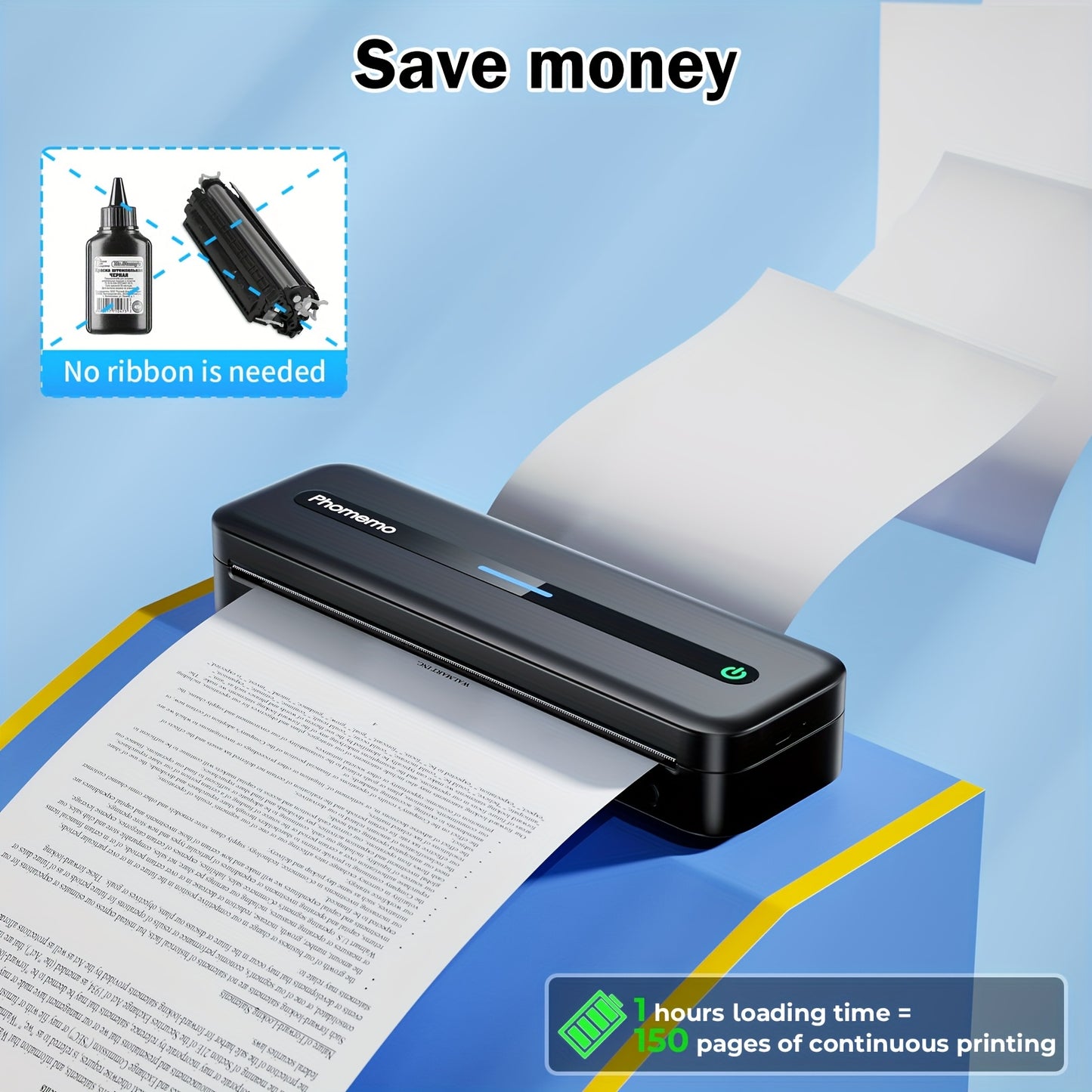 Phomemo Portable Thermal Printer Wireless Travel Mobile Compact Printer Support 8.5 X 11 US Letter & A4 Thermal Paper, 300DPI, Inkless Printer Compatible With Android And IOS Phone & Laptop